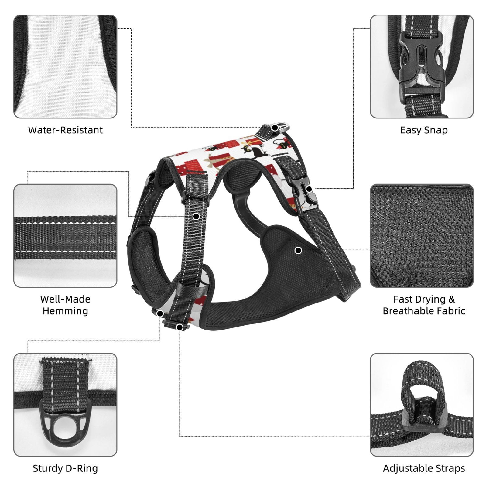 Picia Cute Cat And Christmas Gift No-Pull Dog Harness Reflective Front Clip Vest with Handle,Step-in Air Dog Harness,Adjustable 2 Metal Rings 4 Buckles,Easy to Put on & Take Off Large