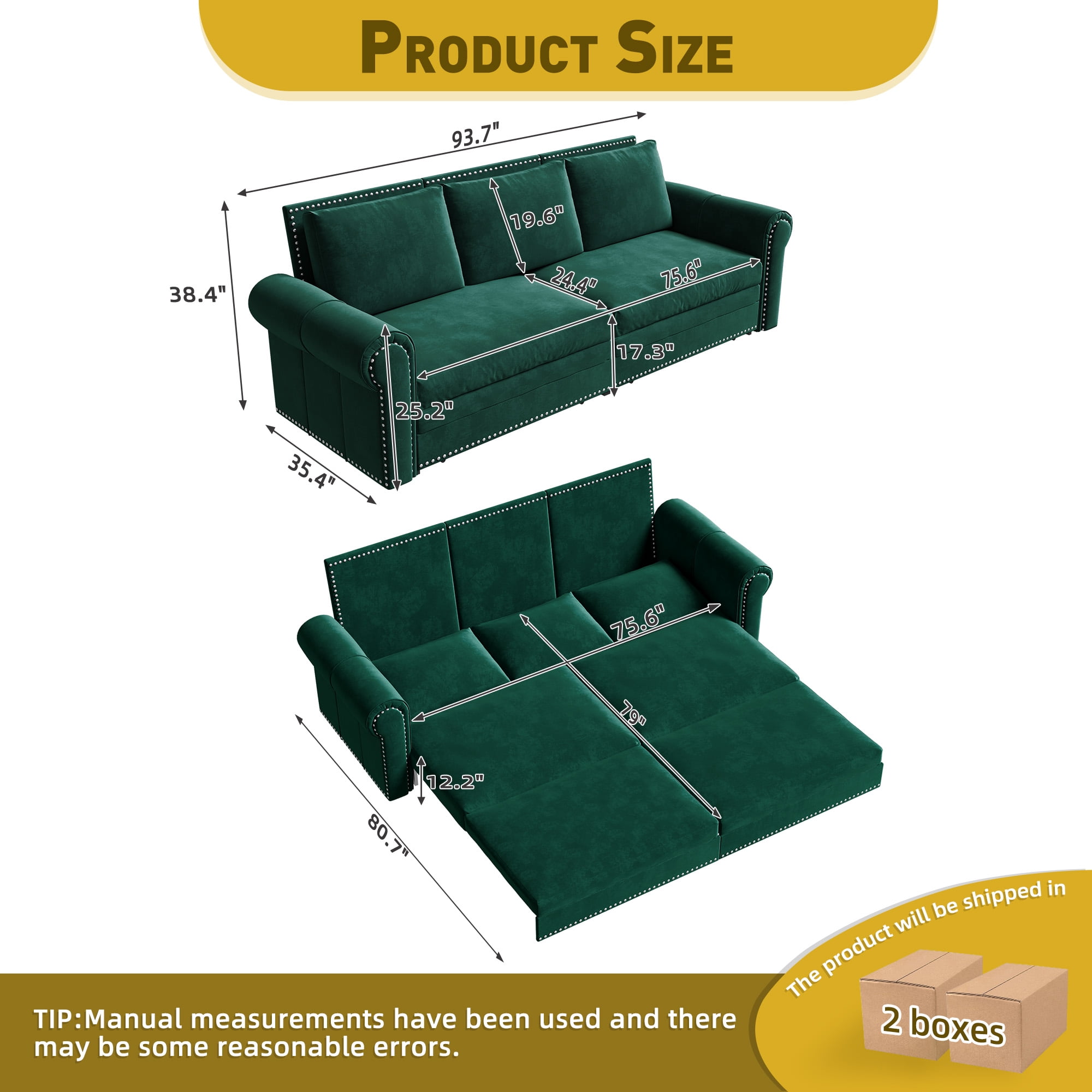 3-in-1 Convertible Velvet Sofa Bed, King Size Pull Out Sleeper Couch, Green