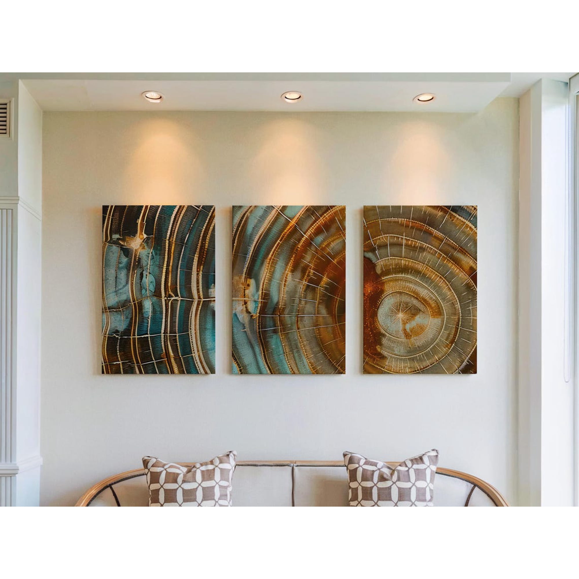 Wood Slice Tree Ring Prints Set Of 3 Teal Copper Nordic Nature Wall Art