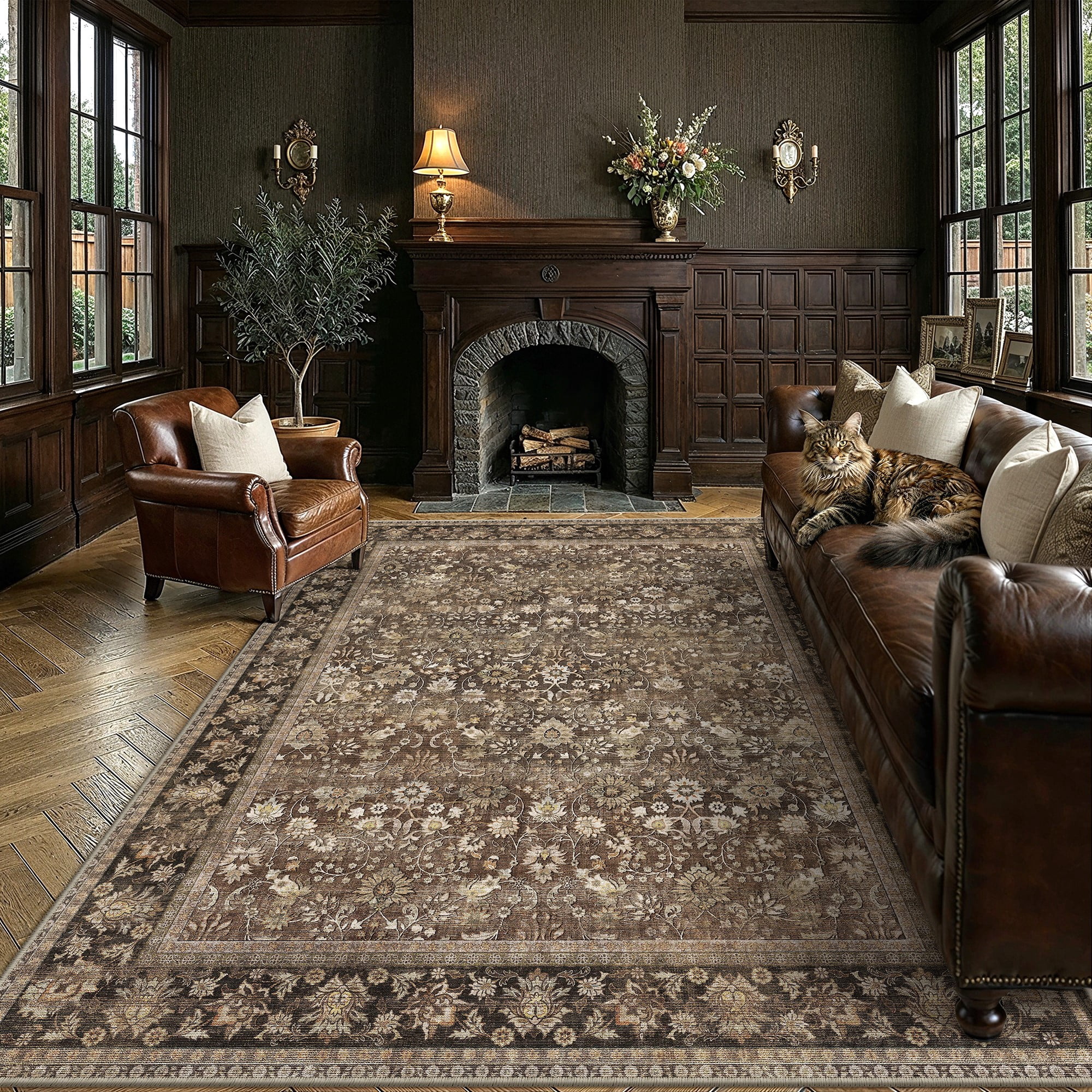 BERTHMEER 9'x12' Large Brown Area Rugs Vintage Oriental Traditional Rugs for Living Room Bedroom Dining Room Farmhouse Machine Washable Non-slip