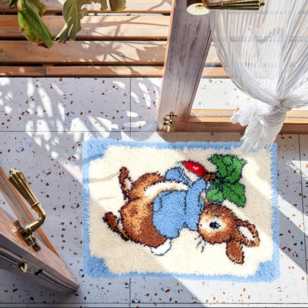 Latch Hook Rug Kits Embroidery DIY Rabbit Radish Pattern Crochet Needlework Crafts for Adults and Kids Beginners 16"x24"
