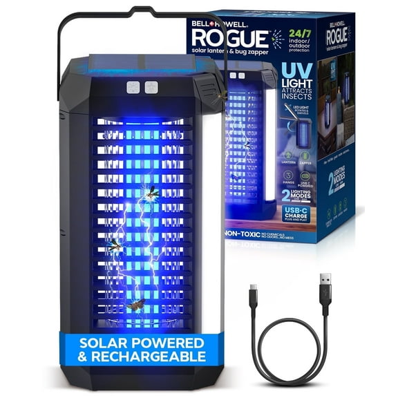 Bell and Howell Rogue 2 in 1 Solar Bug Zapper Outdoor and Bug Zapper Indoor Plug in for Mosquito, Fly, Solar Powered & USB-C Rechargeable Camping Lantern, LED Flash Light, Safe for Kids