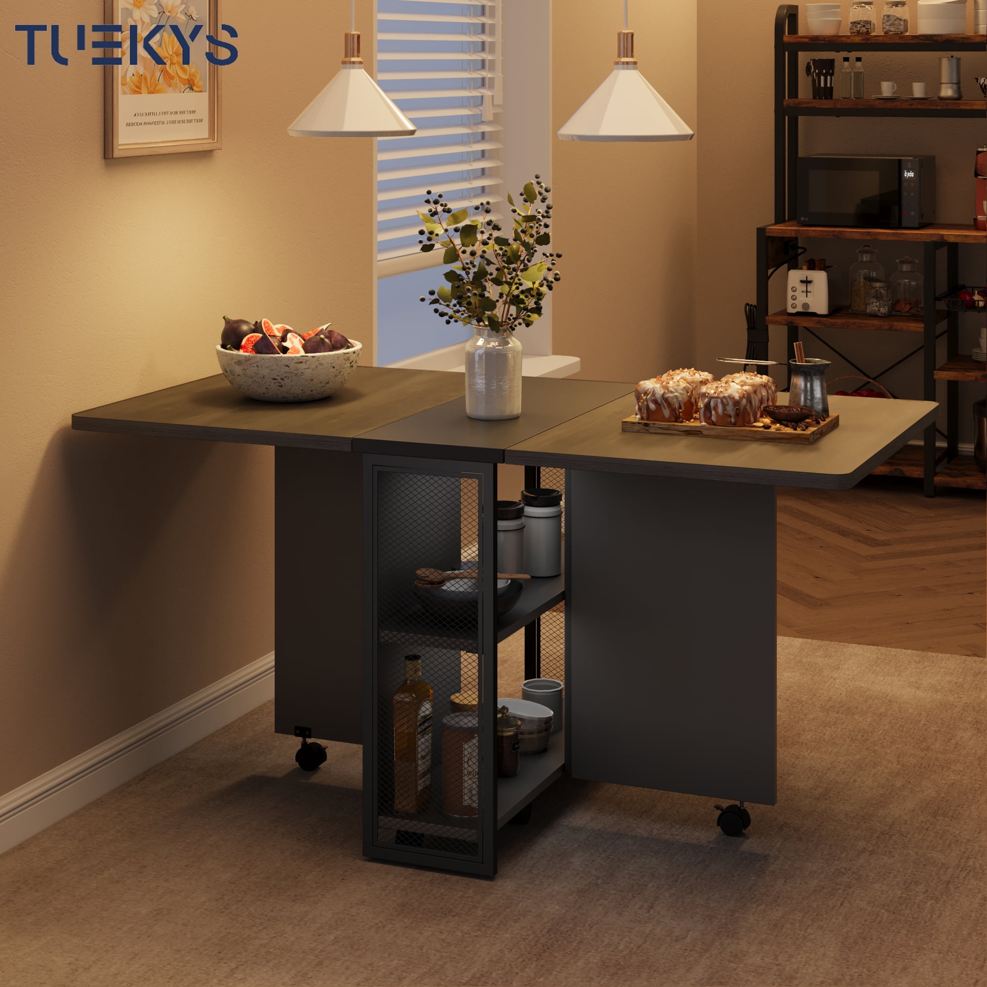 Tuekys Folding Dining Table Drop Leaf Kitchen Table with 2 Storage Racks-Perfect for Small Spaces Multifunction Space Saving Table Extension Dinner Table Kitchen Office Desk Gray