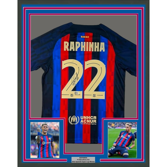 Framed Autographed/Signed Raphinha Raphael Belloli 35x39 FC Barcelona Blue Soccer Jersey Beckett BAS COA