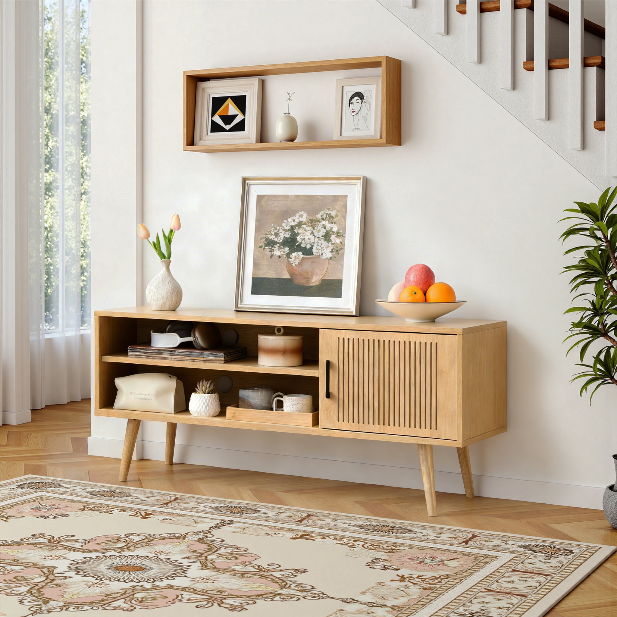 KATHY&BOB Modern TV Stand for 32-50 Inch TV, Media TV Console Table with Storage Cabinets and Adjustable Shelf, Solid Wood Feet, Natural
