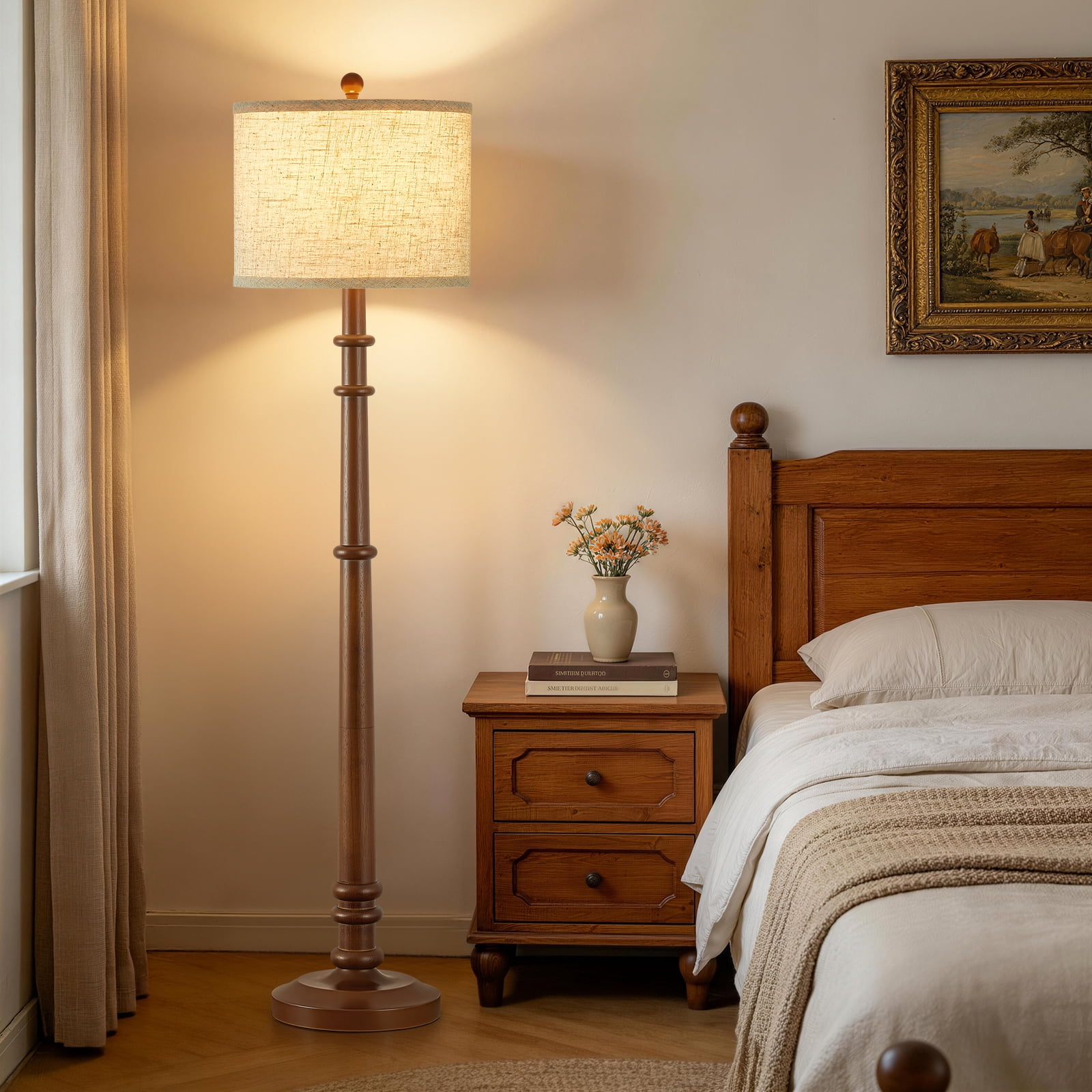 NATYSWAN Floor Lamps for Living Room - 60" Wood Farmhouse Floor Lamp with Adjustable Color Temperatures - Vintage Standing Lamp Reading Light with Linen Shade Rustic Tall Lamp for Bedroom