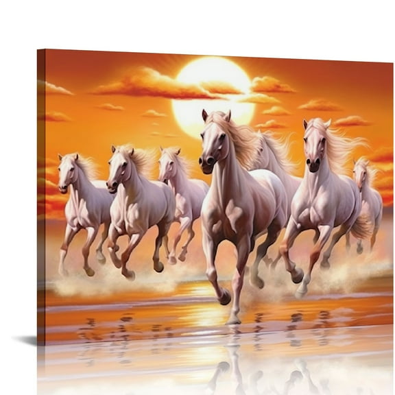COMIO MangalFashions Seven 7 Running Horses Wall Art vastu with Frame (Sunrise) multicolor