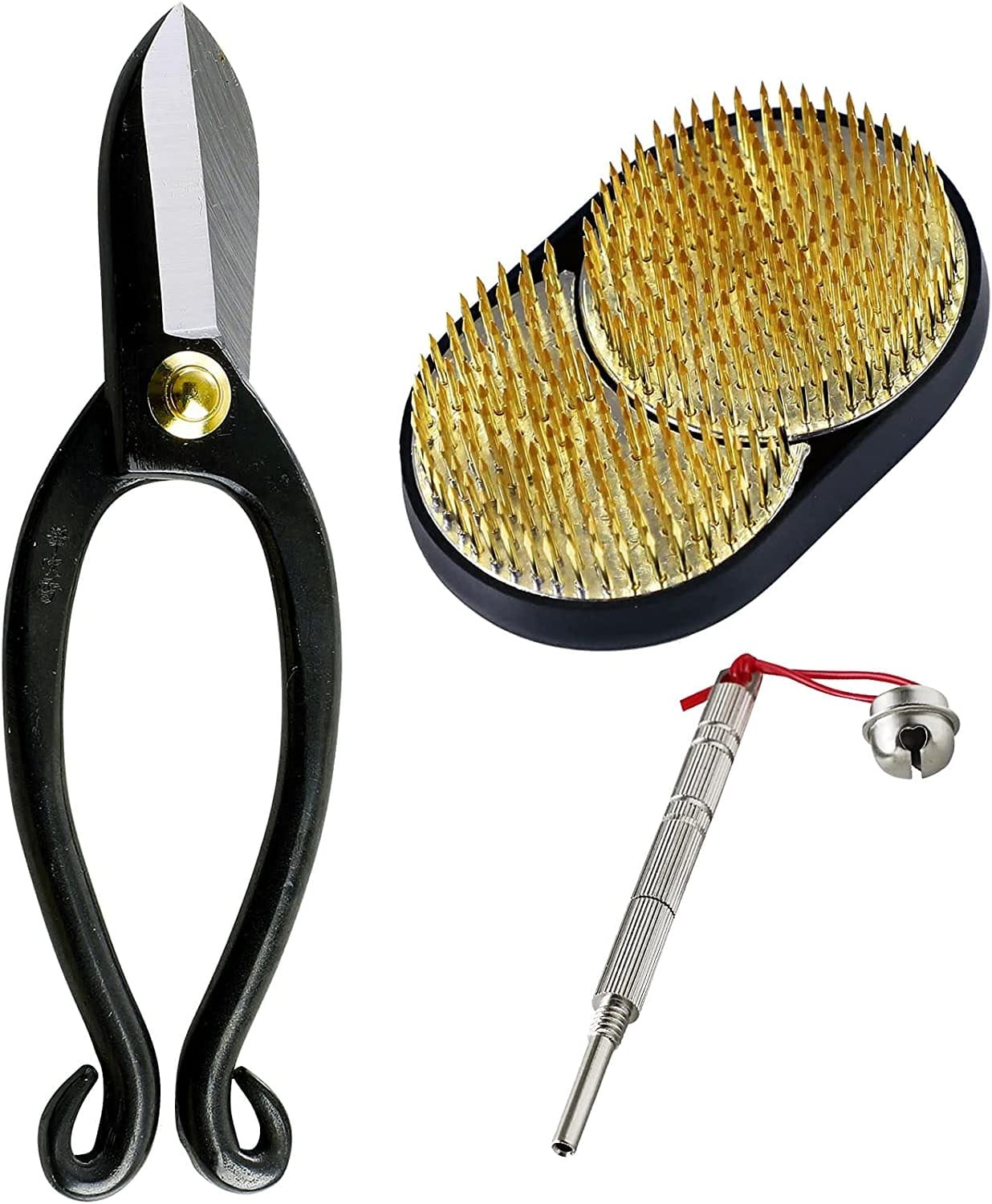 Kit Outils Ikebana Japonais Wazakura - Ciseaux Koryu + Kenzan Laiton 80mm + Nettoyeur - Fabriqué Au Japon - Pour Art Floral