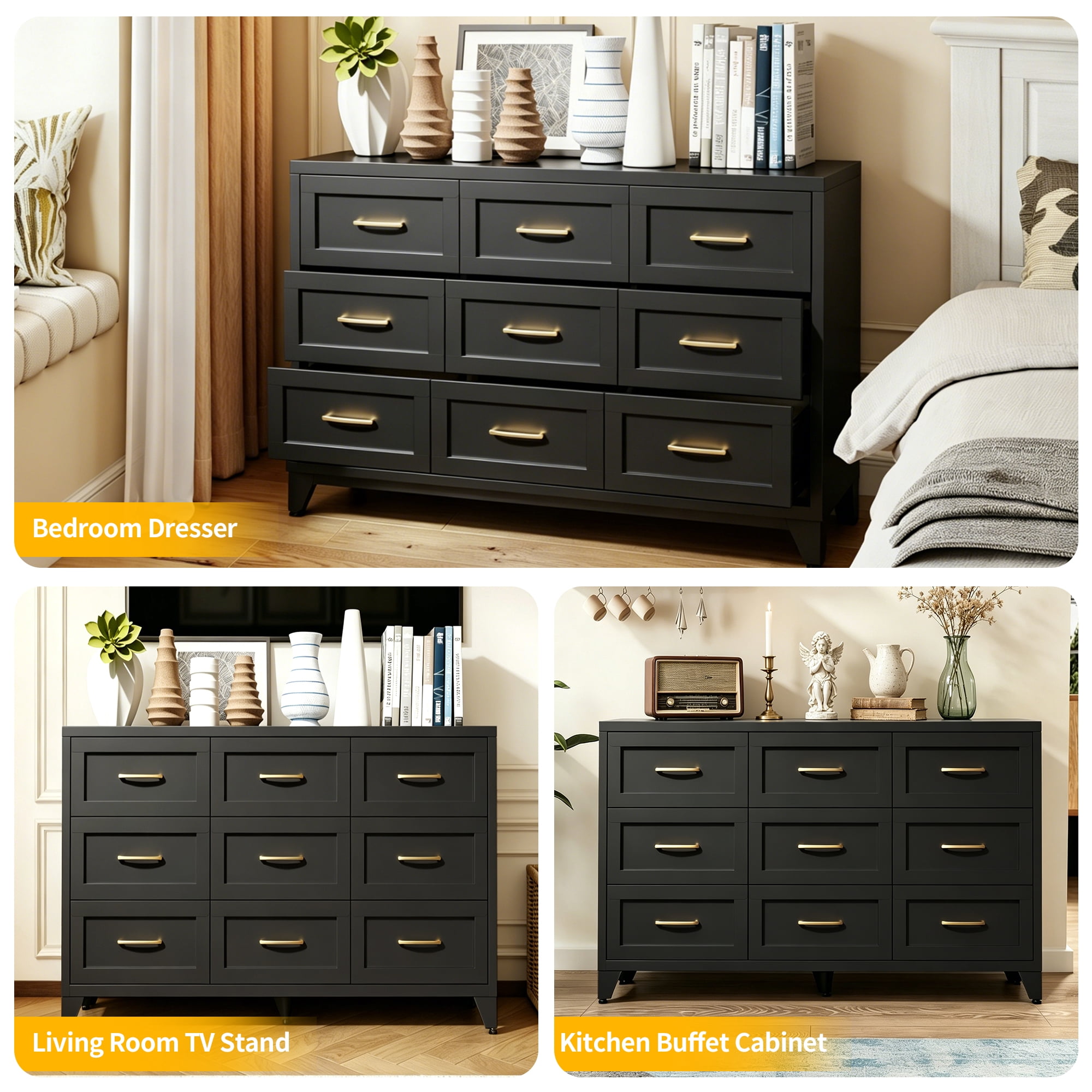 Aukfa 9-Drawer Wide Metal Dresser, Steel Storage Chest with Smooth-Glide Drawers, Eco-Friendly Bedroom Cabinet,