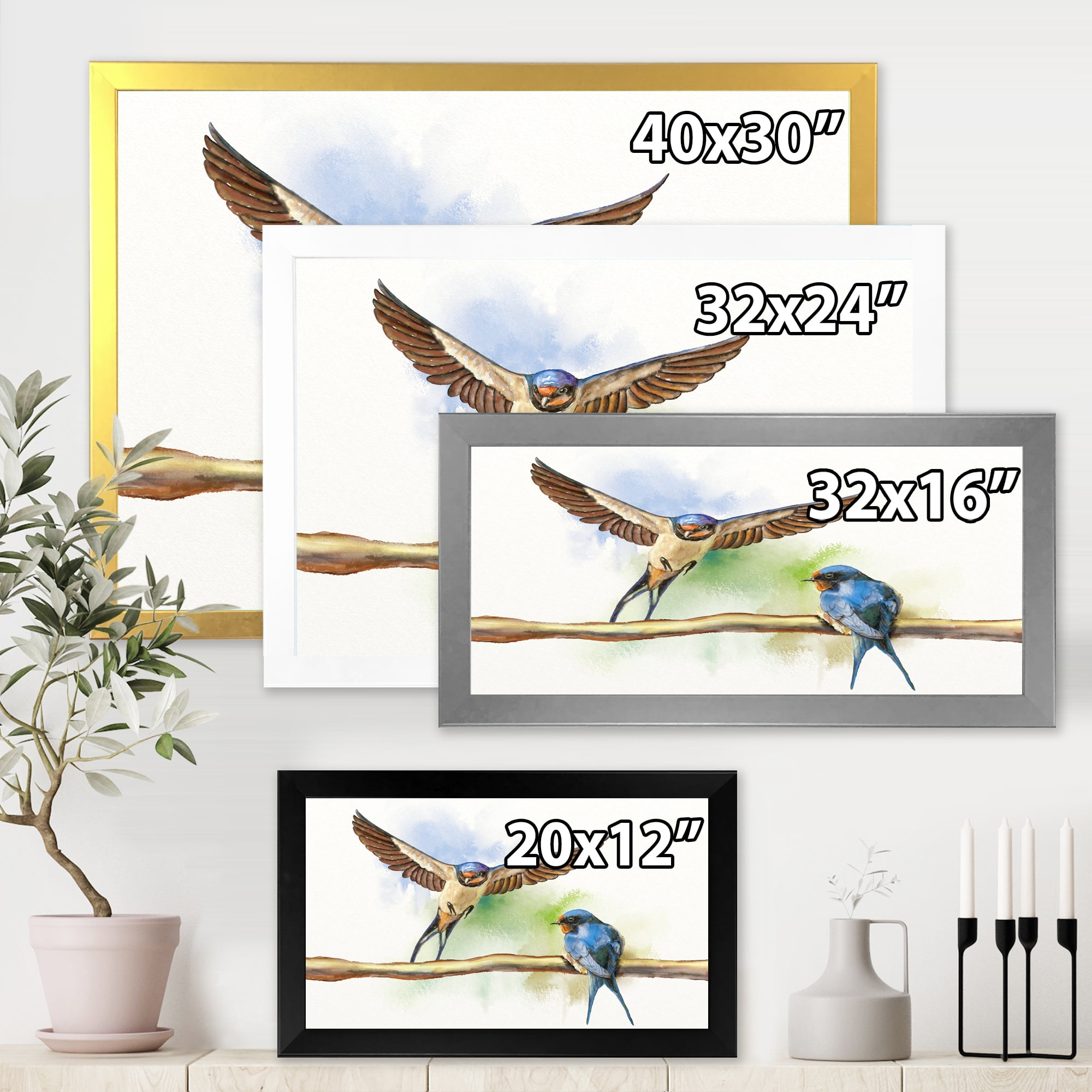 Designart 'Two Barn Swallows Birds On Branch' Farmhouse Framed Art Print