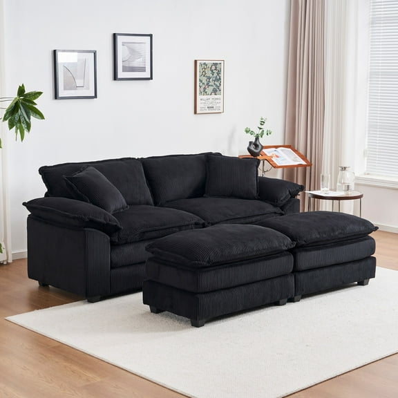 Corduroy 2-Seats Sofa with 2 Back Pillows, 2 Toss Pillows and Two Ottoman, Comfy Sofa- Deep Seat Couch for Living Room (Black)