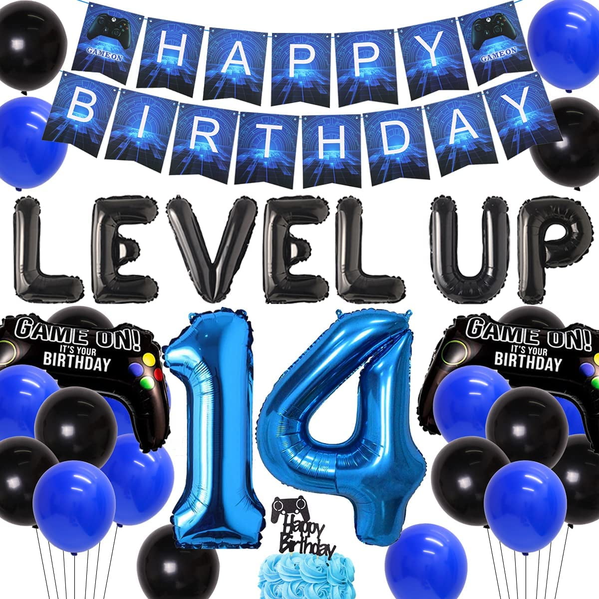 Video Game 14th Birthday Decorations for Boys - Level up Party Supplies, Happy Birthday Banner, number 14 Balloon, Cake Topper, Controller Balloons for Game On Party Favors - Walmart.com