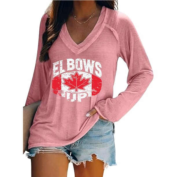 MHFRRA Camiseta Informal de Manga Larga con Cuello En V y Estampado Canadiense para Mujer Rosa