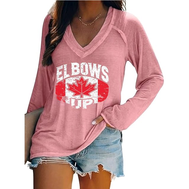MHFRRA Camiseta Informal de Manga Larga con Cuello En V y Estampado Canadiense para Mujer Rosa
