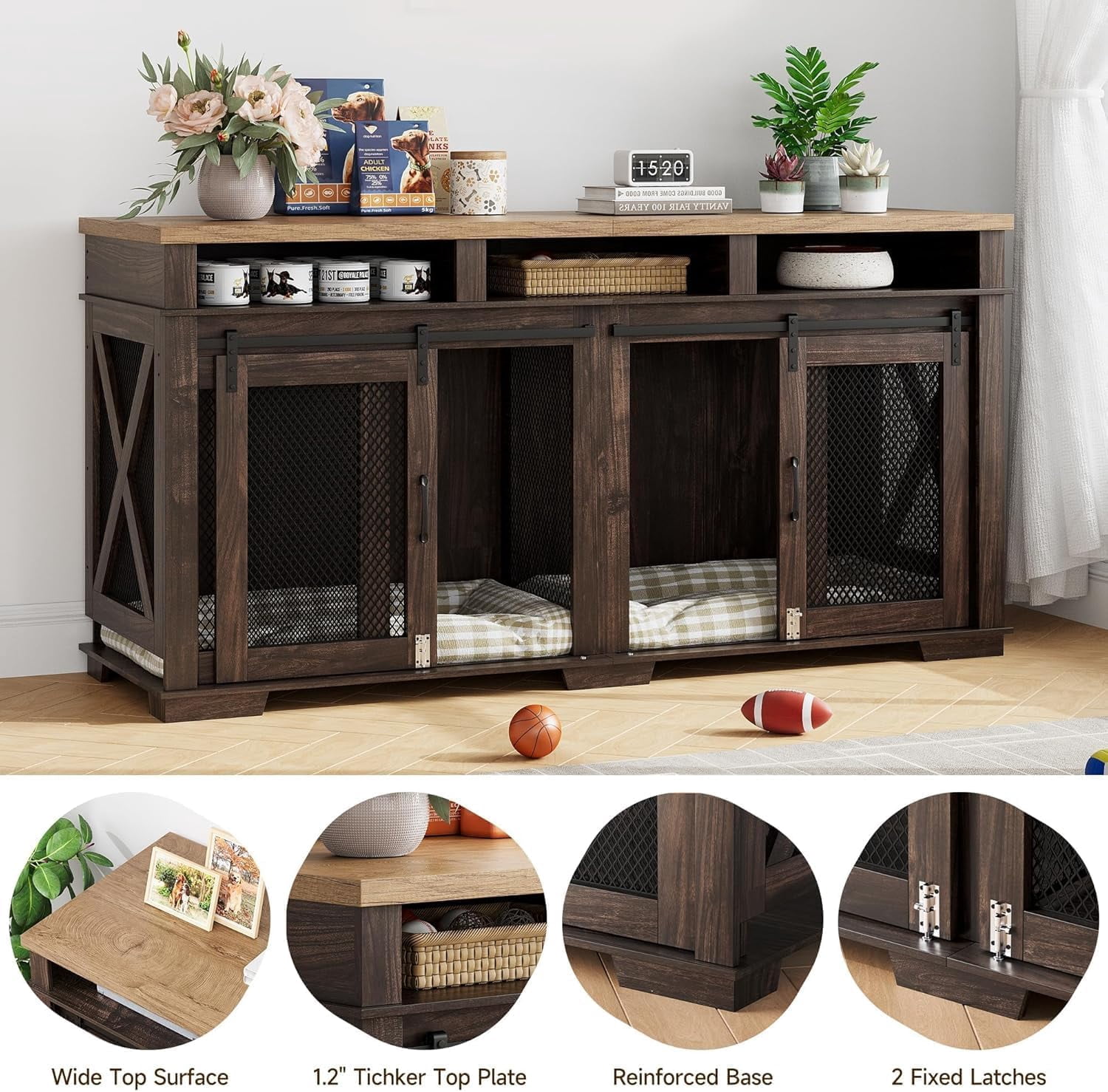 EastVita Heavy Duty Dog Crate Furniture Kennel with Removable Divider for Large Dog, Versatile Dog House with Sliding Door and Storage Cubby for 2 Dogs