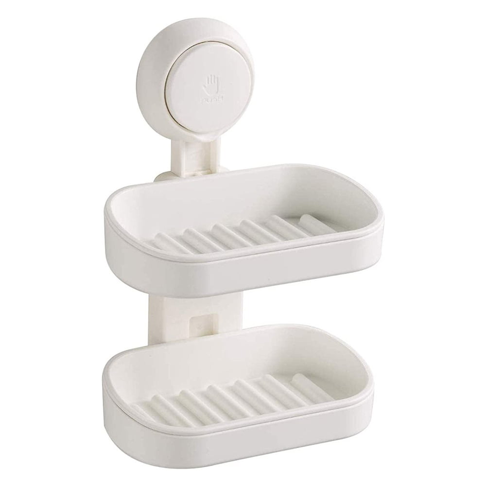 Bathroom Soap Dish Drain Shelf Storage Box Suction Double Hook Soap Rack Holder