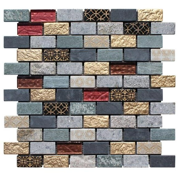 Intrend Tile NS007-A 1 x 2 in. Pierre et Verre Mosaïque Linéaire Mélange - Or Royal