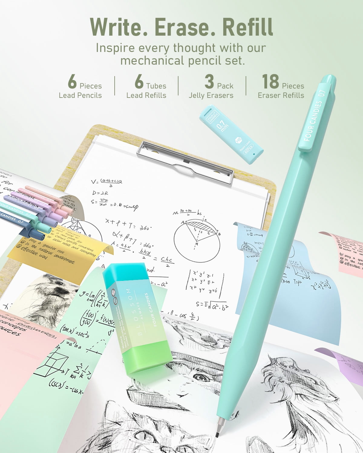 Four Candies 39 PCS, 12 Highlighters, 5 Black Gel Pens, 6 Mechanical Pencil Set 0.5 & 0.7 mm for Stationary College Essentials (Green)