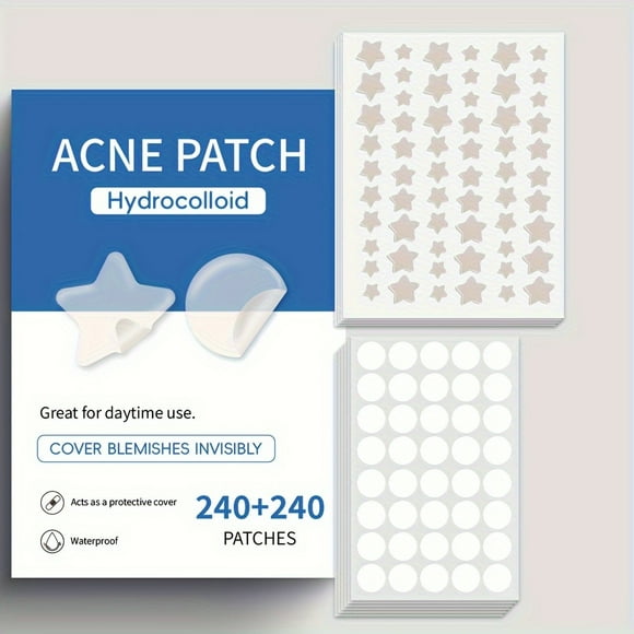 Unisex Adult Acne Patches - 480 Count Hydrocolloid Pore Cleansing Strips, Hypoallergenic, Alcohol-Free for All Skin Types, Unscented, Star & Circle Shapes for Cleansing & Protection