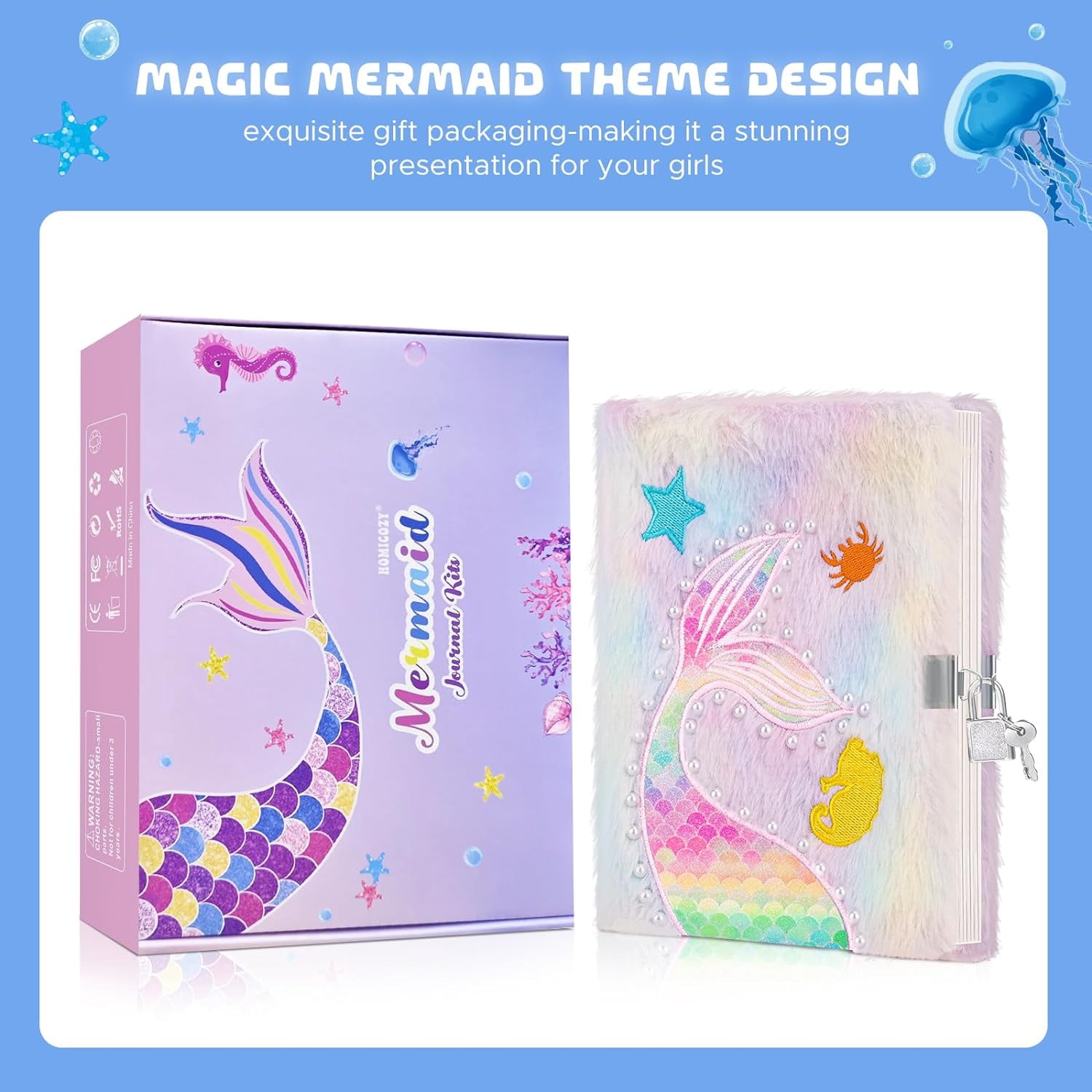 JYPS Mermaid Diary with Lock and Keys,Tie-Dye Fuzzy Journal with 160 Lined Pages,Fluffy Secret Notebook for Writing and Drawing,Pink