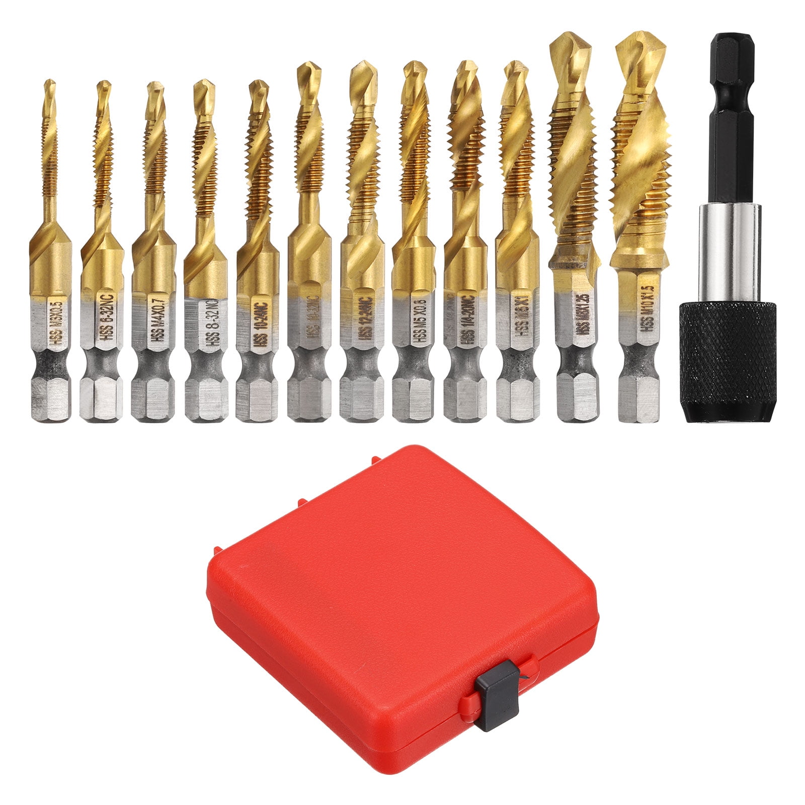 Uxcell 13 Pieces Combination Drill and Tap Bit Set, SAE 6-32NC to 1/4-20NC Metric M3 to M10 Taps Ti-Coated with Adapter