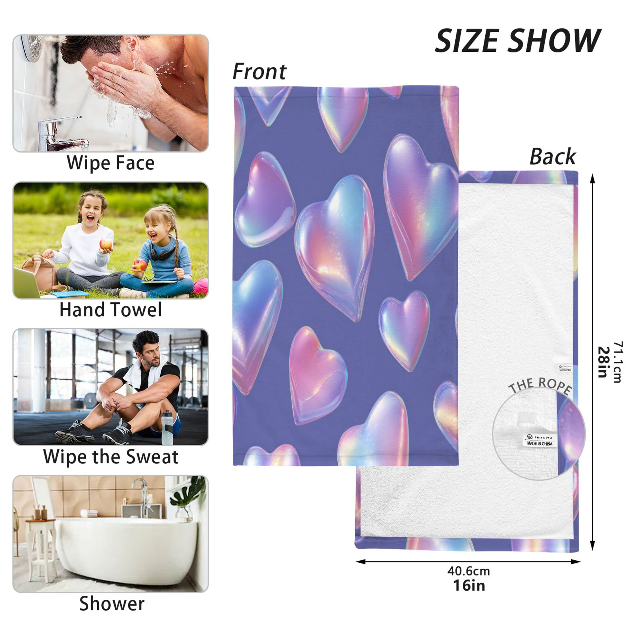 2 Pcs Absorbent Face Towel Bath Hand Towels Soft Breathable Cotton Towel Set for Bathroom Kitchen Hotel Spa Decor Pink-purple Hearts