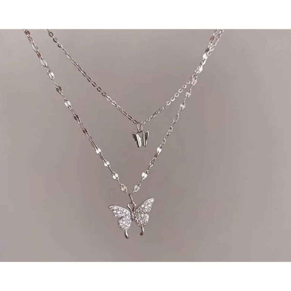 Silver Butterfly Layered Pendant Necklace for Women, Double Layer CZ Butterfly Charm Necklace, Korean Fashion Jewelry
