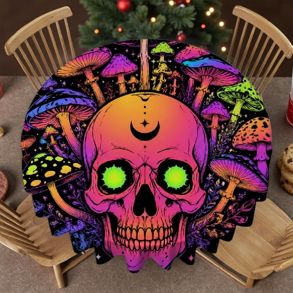 RKSupls Round Tablecloth - Neon Pumpkin Moon Star Rainbow Pattern Print, Machine-Made Kitchen Accessories Stain Resistant & Washable Decor, Wedding, Party, Home Dining