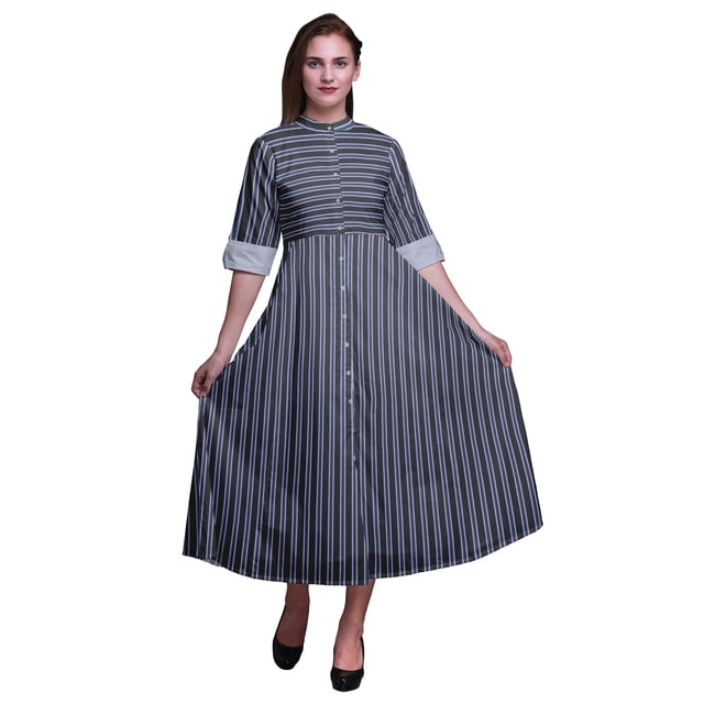 Bimba Check Button Down Dress Print Mandarin Collar Roll Up Sleeves Shirt Dress-Medium