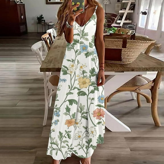 Sakmal Flowy Sundresses for Women Maxi Spaghetti Straps Green Dress V Neck Sleeveless Floral Dresses