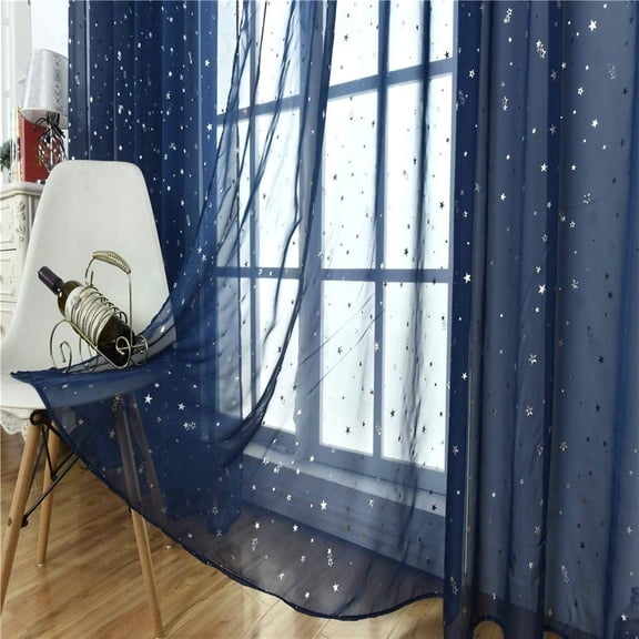 2 Panels Twinkle Star Sheer Curtain,78.8" x 39.4" Inch Navy Blue Window Rod Pocket Panels Drapes