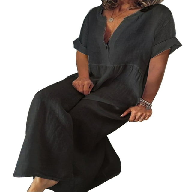 CHUANK Women Cotton Linen Long Sleeve Loose Maxi Dress Plus Size Solid Button Down Long Dress