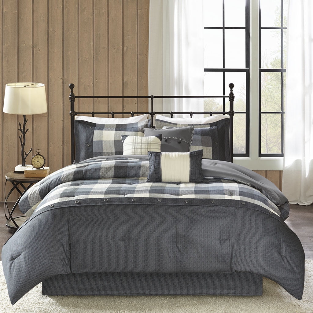 Home Essence Warren Grey Herringbone Plaid 7 Piece Comforter Set, Cal King