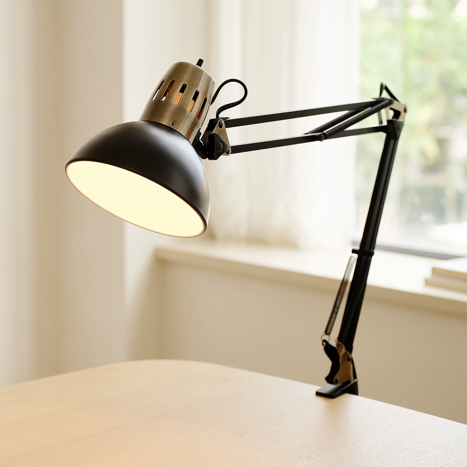 32" Matte Black Multi-Joint Desk Lamp with Metal Clamp Base and Antique Brass Accents