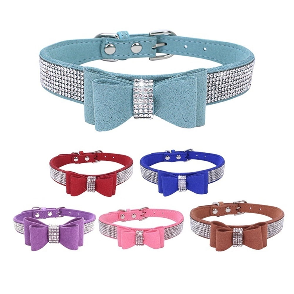 US Rhinestone Dog Collar and Leash Soft Suede Bow for Doggie Puppy Cat Small Pet 