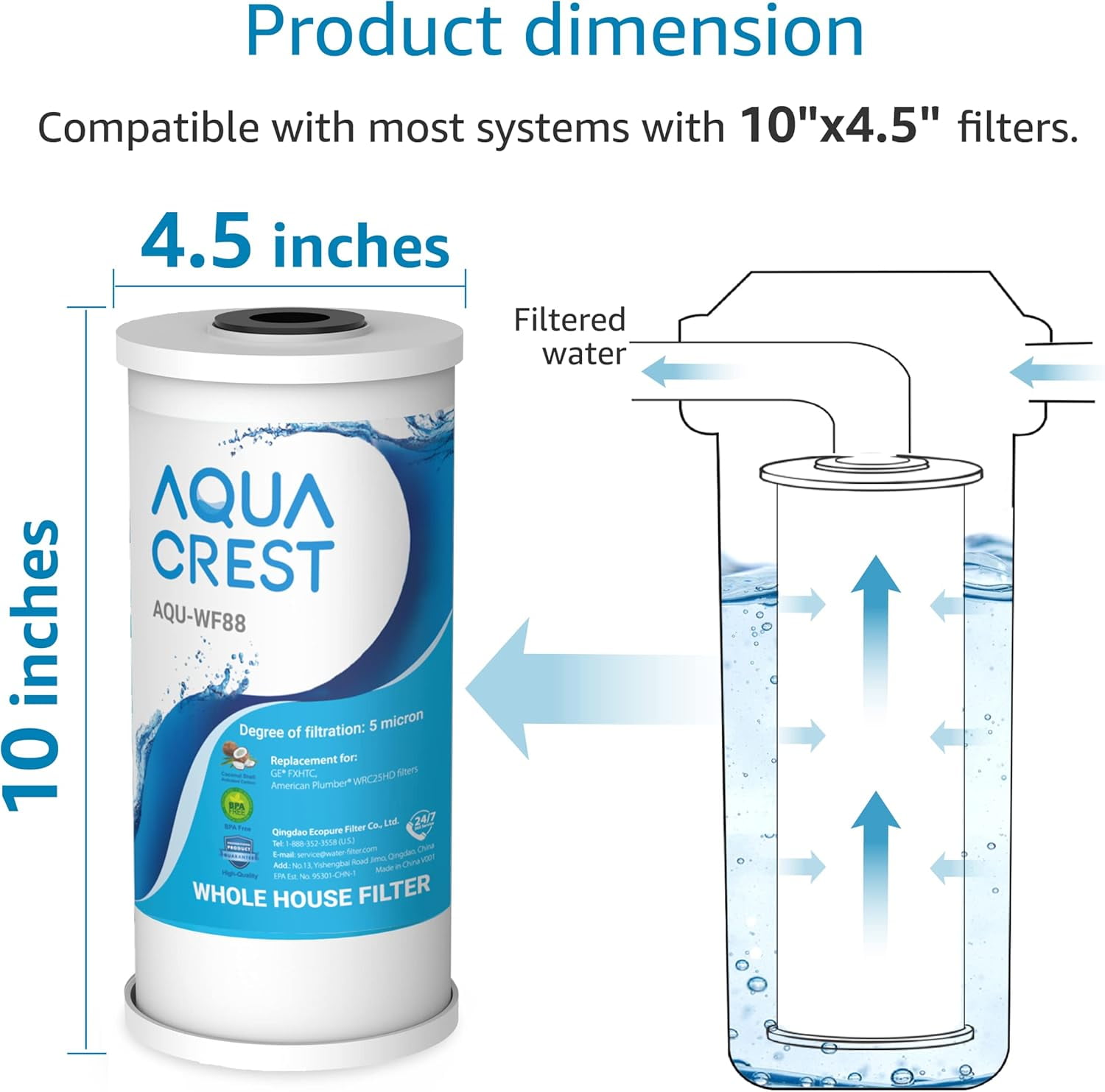 AQUACREST FXHTC 5 Micron 10" x 4.5" Whole House Water Filter, Replacement for GE FXHTC, GXWH40L, American Plumber W10-PR, W10-BC, Culligan RFC-BBSA, GXWH35F, W50PEHD, Pack of 1