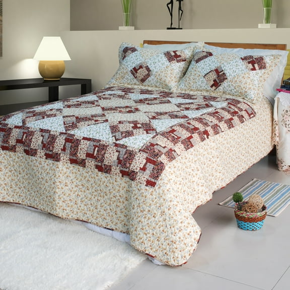 Fantasy Flowers Cotton 2PC Vermicelli-Quilted Patchwork Quilt Set (Twin Size)