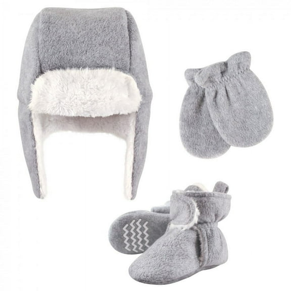 Hudson Baby Unisex Baby and Toddler Trapper Hat, Mitten and Bootie Set, Heather Gray, 0-6 Months