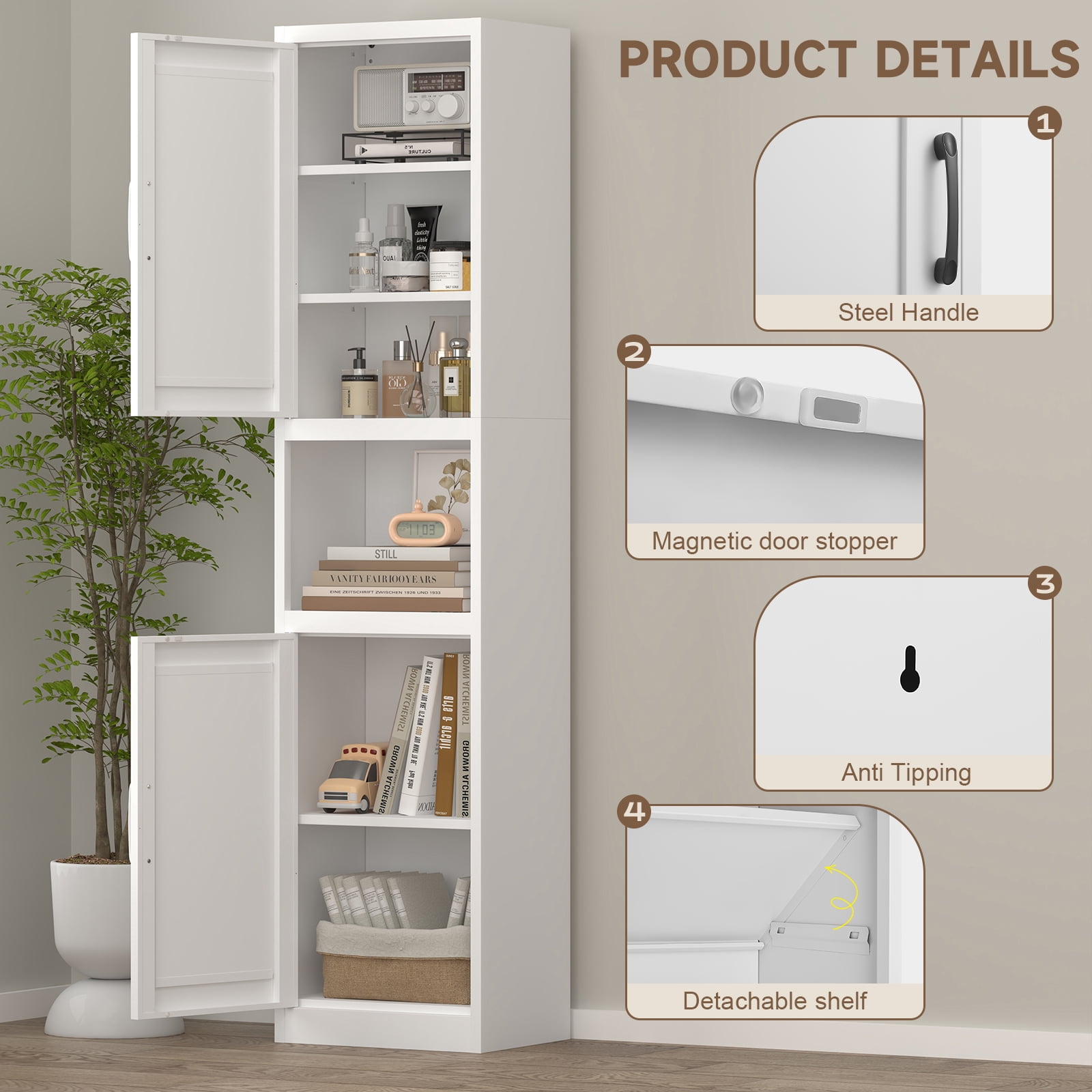 Marcree 67" Tall Bathroom Storage Cabinet, Metal Narrow Storage Cabinet with 2 Doors & 6 Shelves, Slim Skinny Cabinet for Linen, Pantry, Kitchen, Living Room & Home Office, White
