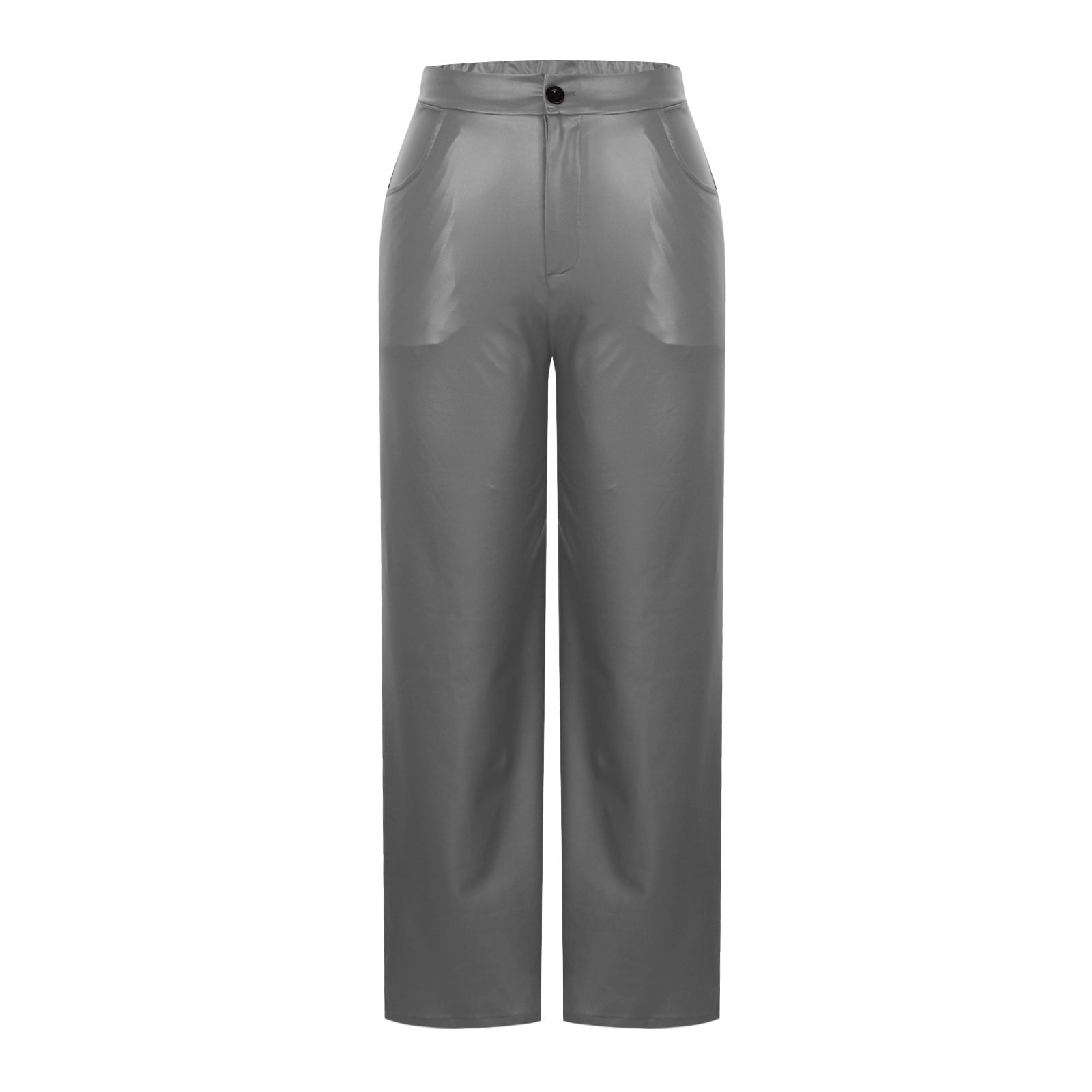 Moxiu Women's Casual Faux Leather Straight Leg Trousers High Waisted Button Elastic Loose Pants for Party Club Date Night Gray,XL