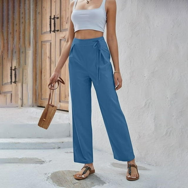 Women's Casual Solid Loose High Waisted Drawstring Wide Leg Trousers for Everyday and Outdoor Activities