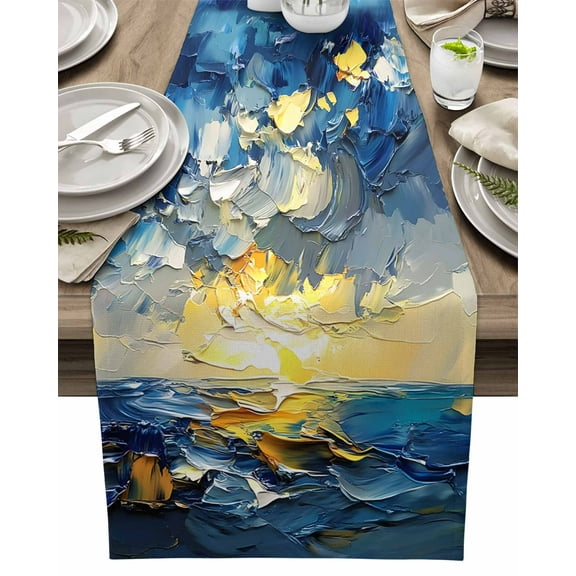 Table Runner Abstract Blue Ocean Sky Sunshine Table Decoration for Kitchen Dinning Oil Painting Table Decoration for Indoor Outdoor Party Wedding Decor 13x72inch