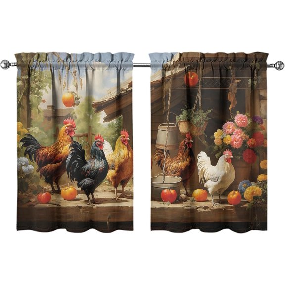 Chicken Kitchen Curtains Valances and Tiers Set for Windows,Rooster Hen Vintage Bathroom Window Curtain Valance 2 Piece Sets,Kitchen Decor for Living Room,27.5"x36"