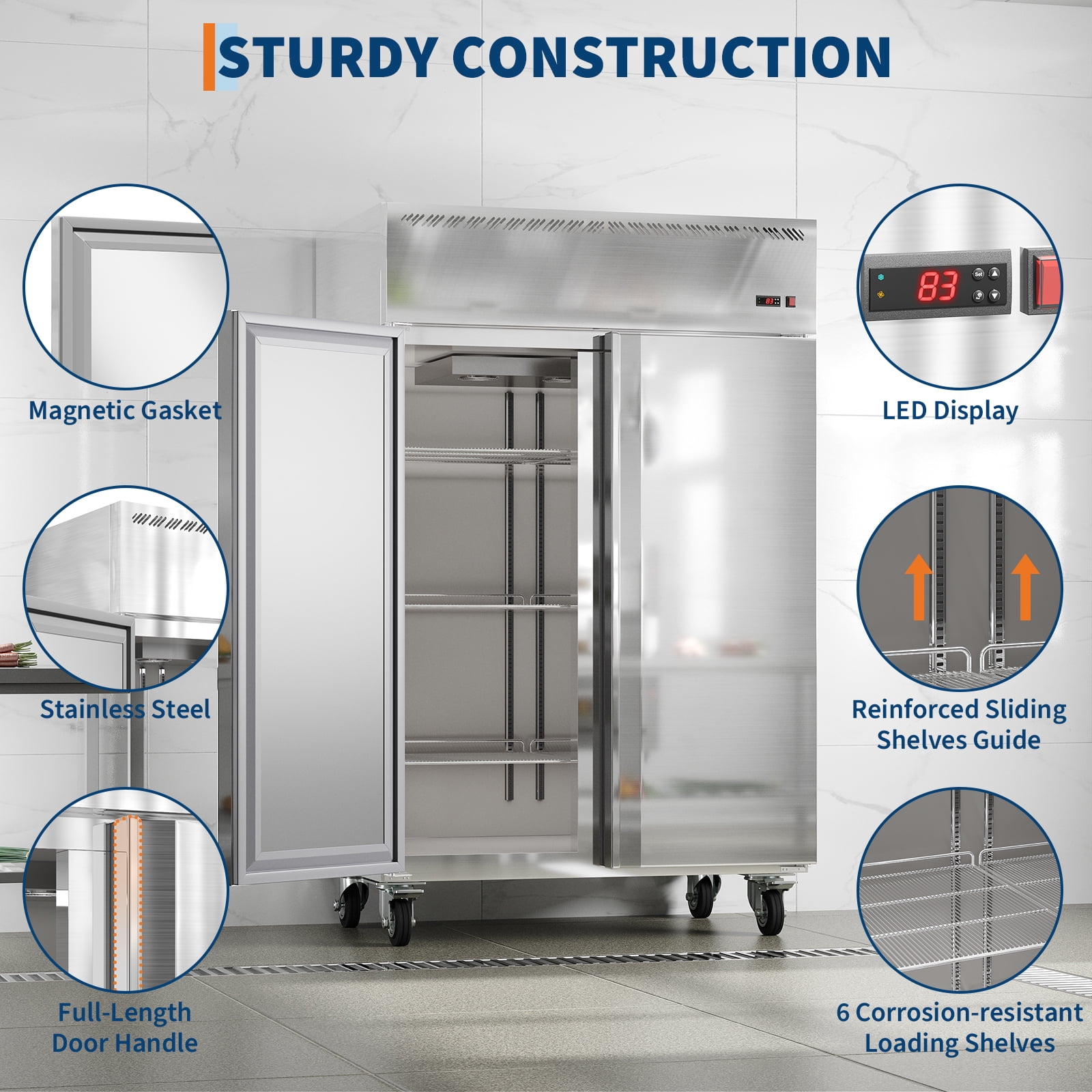 48" Commercial Beverage Refrigerator Freezer – 36 Cu Ft Upright, 2 Stable Doors, 6 Adjustable Shelves, Auto Defrost, -8°F~0°F, Stainless Steel – for Restaurant, Bar, Shop