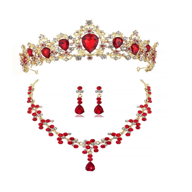 1 juego Pretty Bride Crown Necklace Earring Set Elegante joyería Vestido de novia Accesorios Accesorio de vestuario para mujeres Mujer (Rojo)