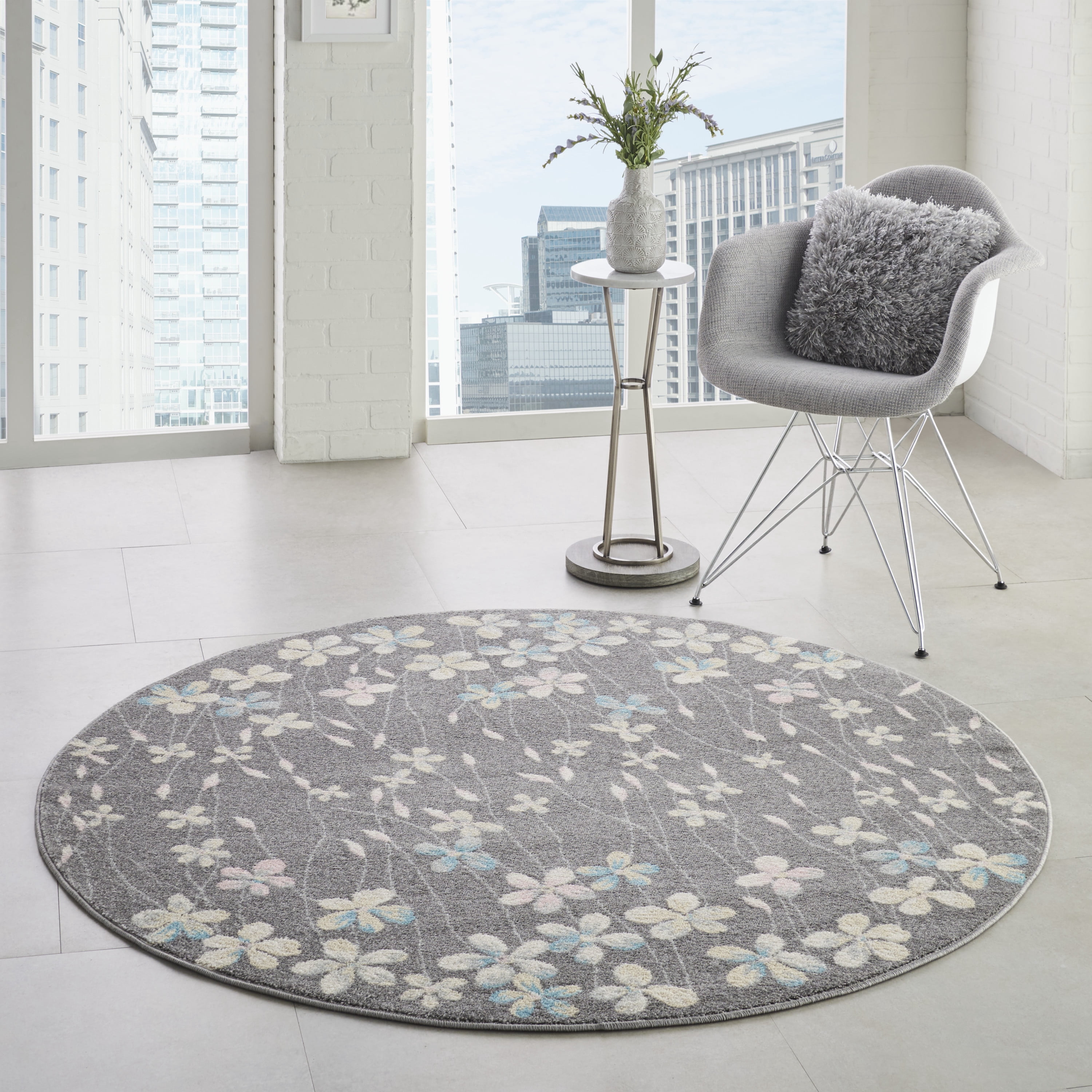 Desert Fields Contemporary Floral Grey/Beige 5'3" x ROUND Area Rug, (5' Round)