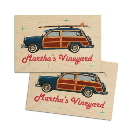 

Martha s Vineyard Massachusetts Woody and Surfboard (4x6 Birch Wood Postcards 2-Pack Stationary Rustic Home Wall Decor)