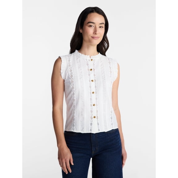 Time and Tru Women's Lace Inset Sleeveless Cotton Top, Sizes XS-XXXL