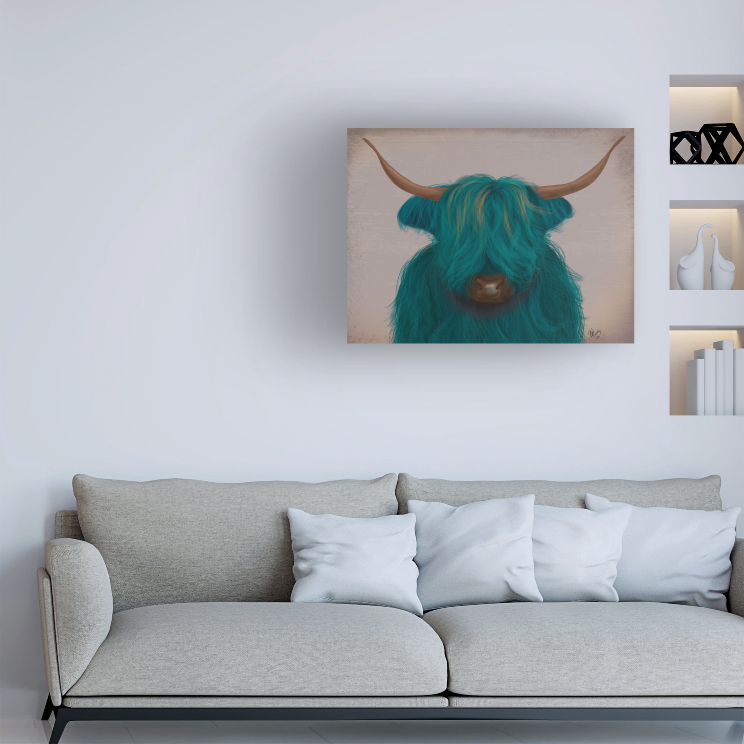 Fab Funky 'Highland Cow 3 Turquoise Portrait' Canvas Art