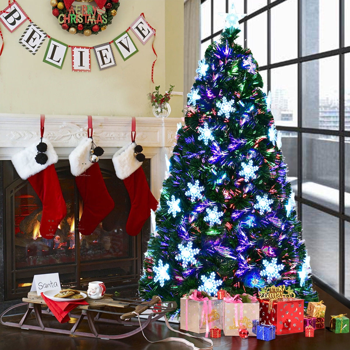 Goplus 7' Pre-Lit Fiber Optic Artificial Christmas Tree w/Multi-Color ...